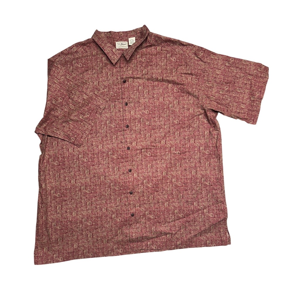 LL Bean Mens XXL Tall Red Mayan Calendar Print Cotton Loop Collar Shirt